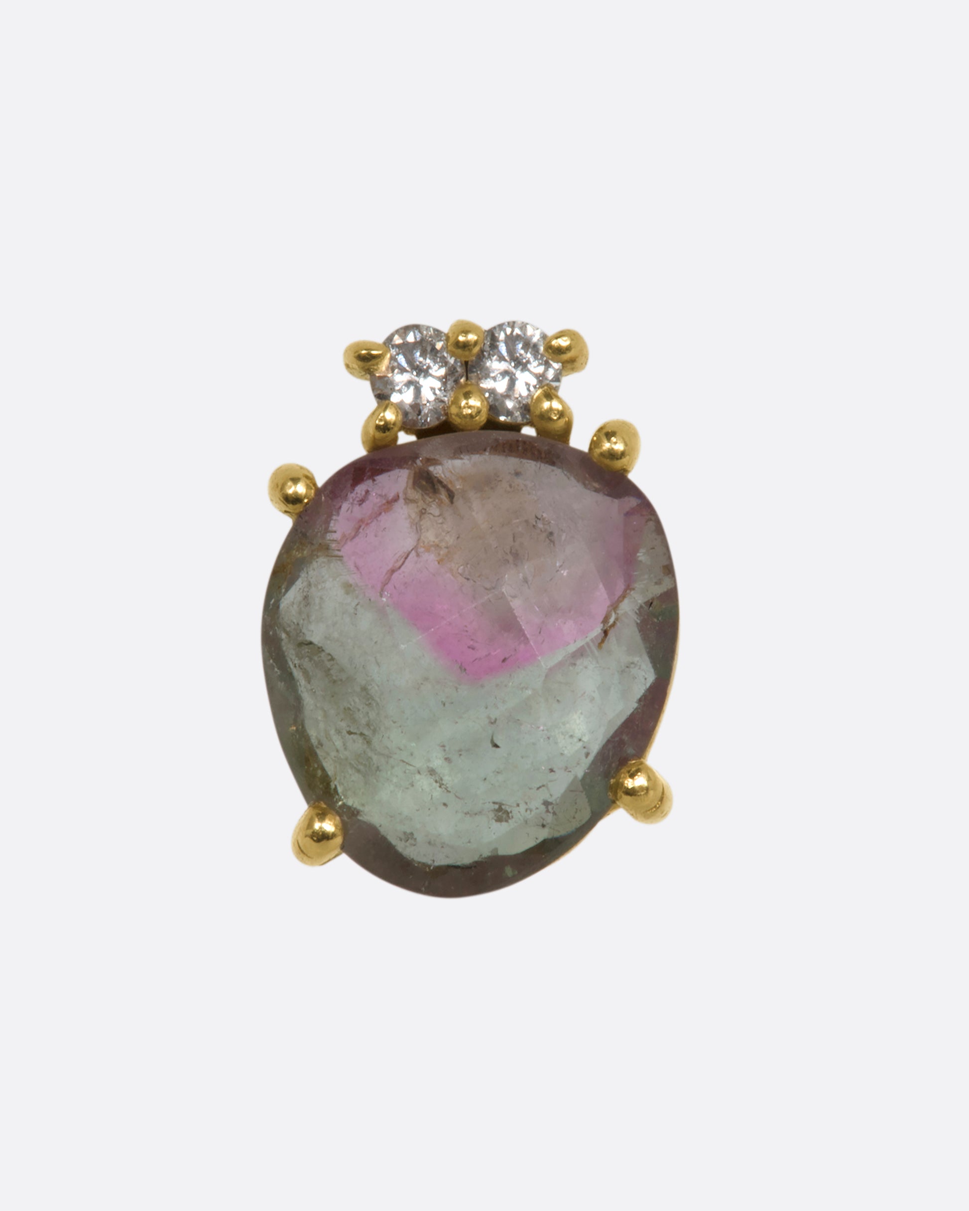 A yellow gold stud earring with a watermelon tourmaline and white diamonds. Shown from the front.