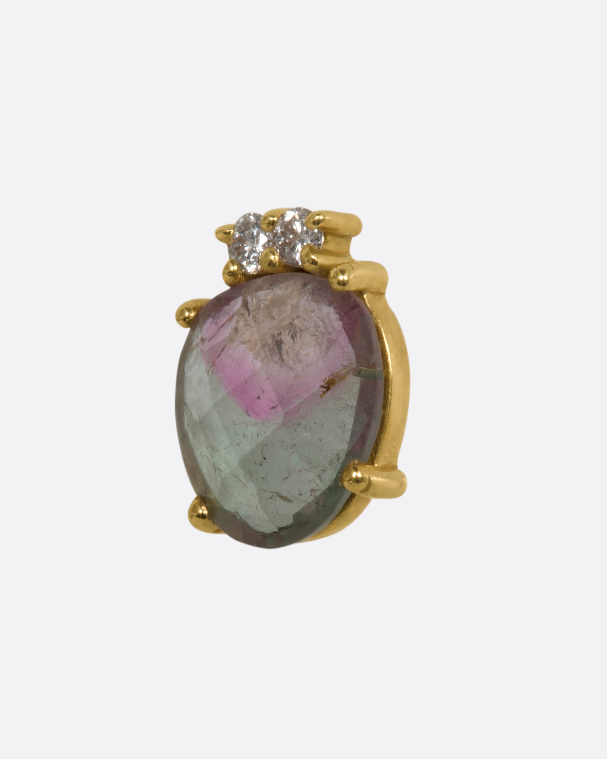 A yellow gold stud earring with a watermelon tourmaline and white diamonds. Shown from the side.