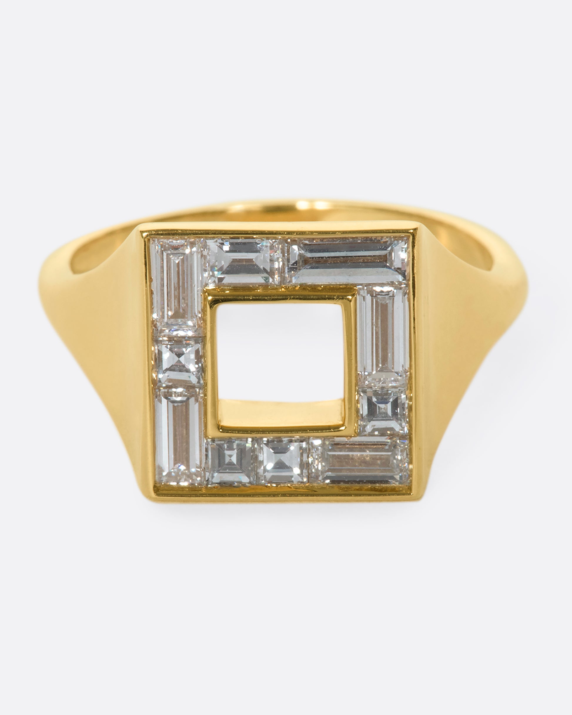 A photo of a square ring set with baguette diamonds.