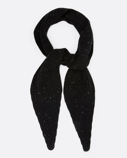 A black ribbed knit scarf with tiny flecks, shown tied from the front.
