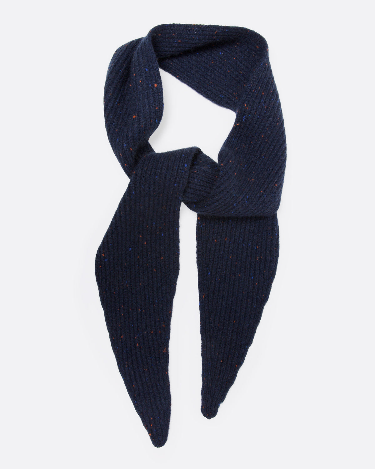 A navy blue ribbed knit scarf with tiny multicolor flecks, shown tied from the front.