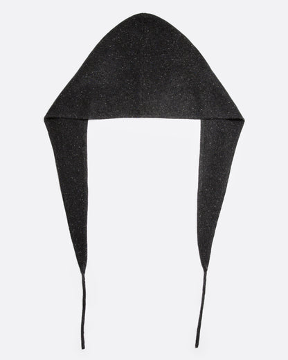 A donegal flecked charcoal hooded scarf with elongated sides, shown open from the back.