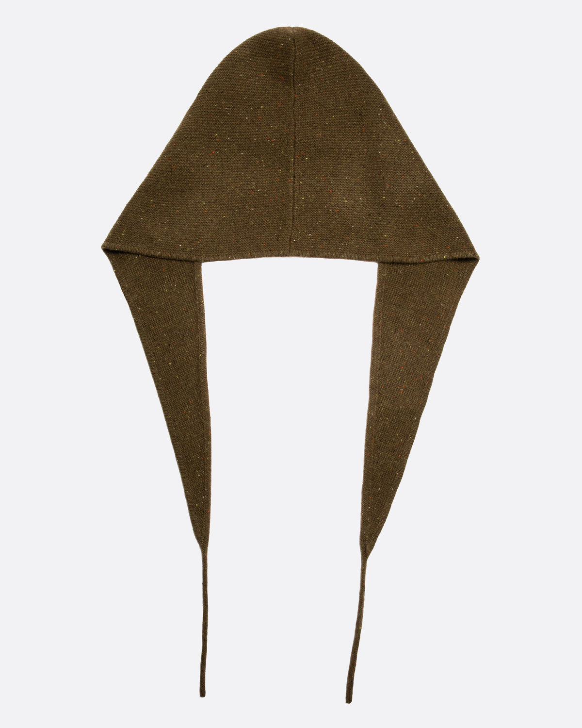 A donegal flecked olive hooded scarf with elongated sides, shown open from the back.