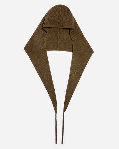 A donegal flecked olive hooded scarf with elongated sides, shown open from the front.