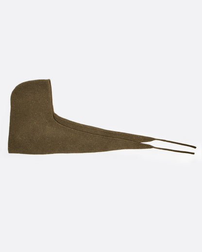 A donegal flecked olive hooded scarf with elongated sides, shown folded from the side.