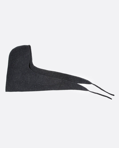 A donegal flecked charcoal hooded scarf with elongated sides, shown open from the side.