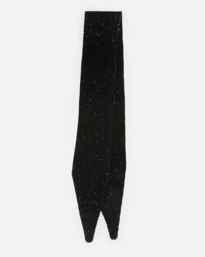 A black ribbed knit scarf with tiny flecks, shown folded in half.