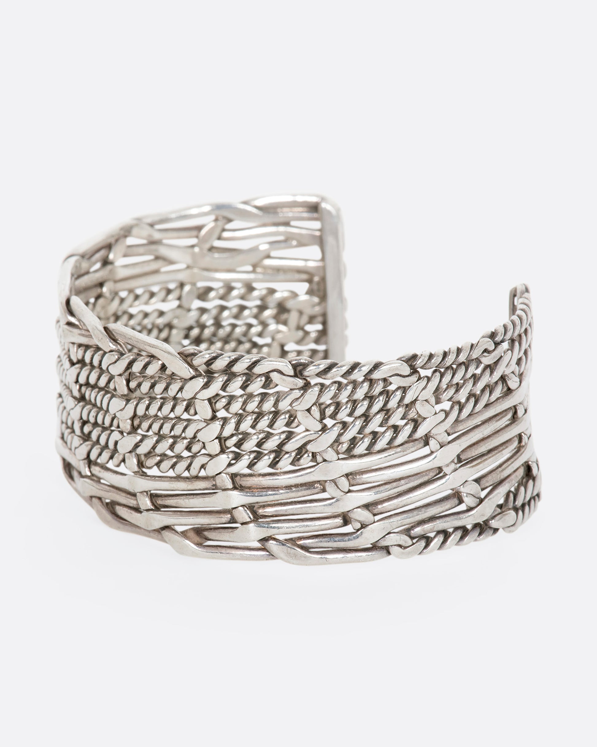Sterling silver woven and twisted cuff. View from the alternate side.