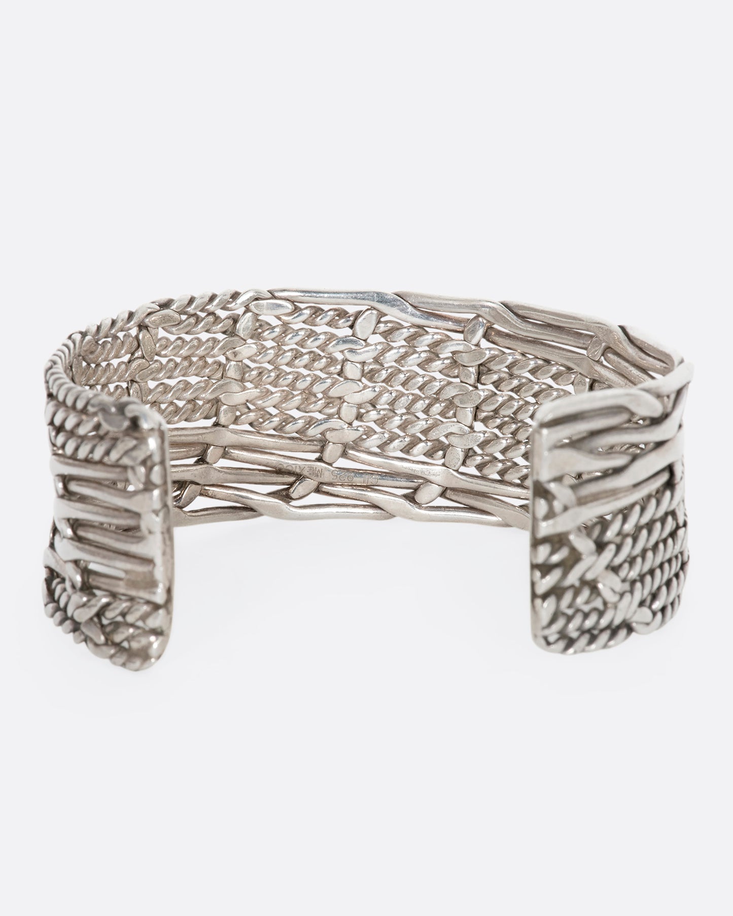 Sterling silver woven and twisted cuff. View from the back.