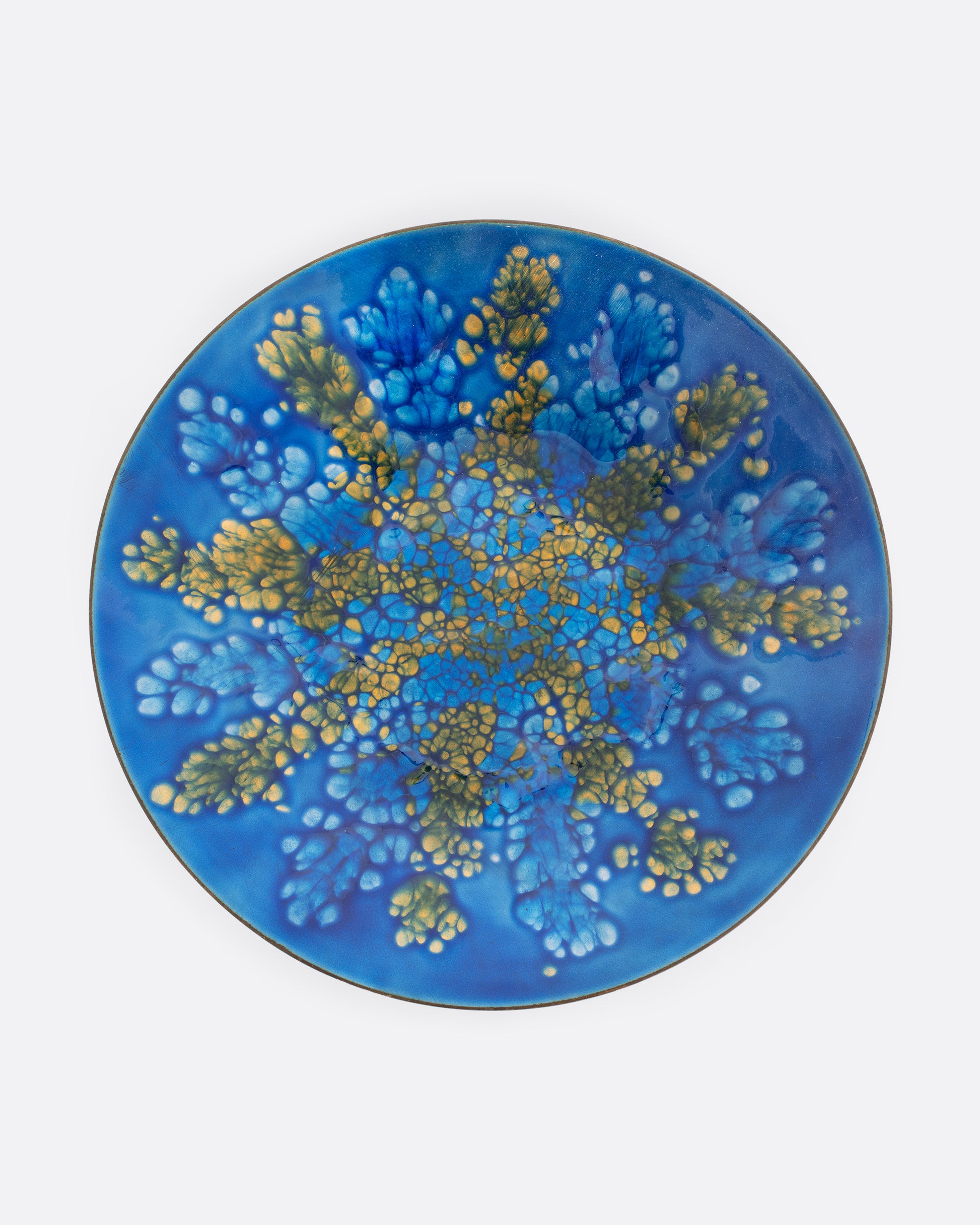 Blue and gold enameled plate. View of interior.