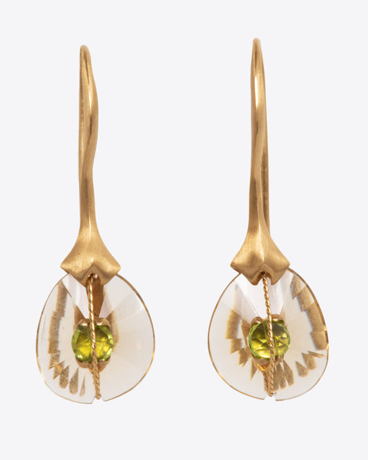 Two yellow gold hook dangle earrings with quartz and peridot. View from the front.