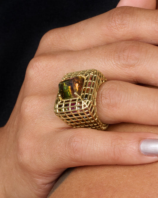 Bicolor Tourmaline Cagey Dome Ring