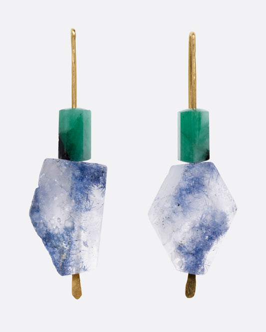 Emerald and Dumortierite Medium Hook Earrings