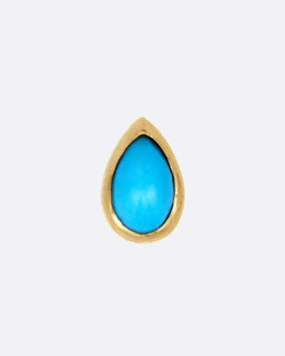 A yellow gold stud earring with a pear shaped bezel set turquoise. Shown from the front.