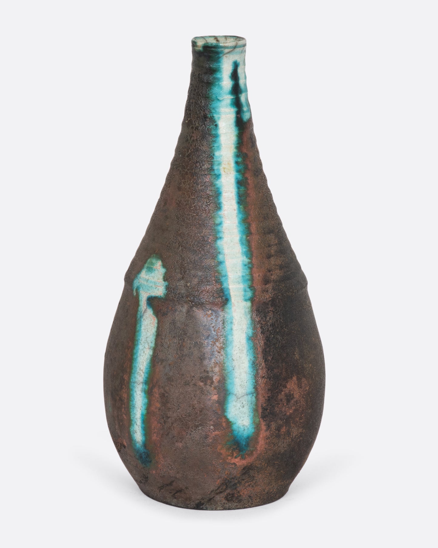 Dark brown ceramic vase with blue glaze drip.