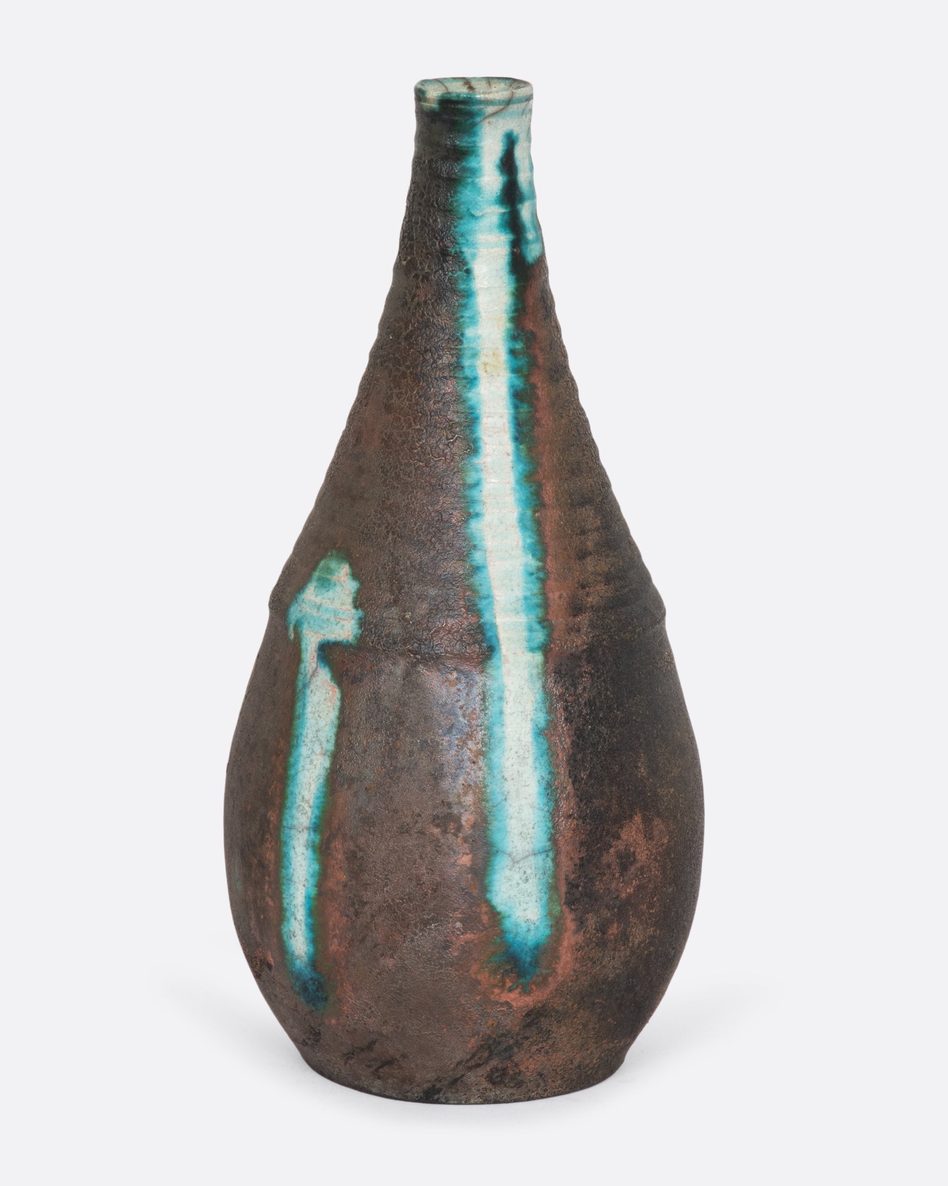 Dark brown ceramic vase with blue glaze drip.