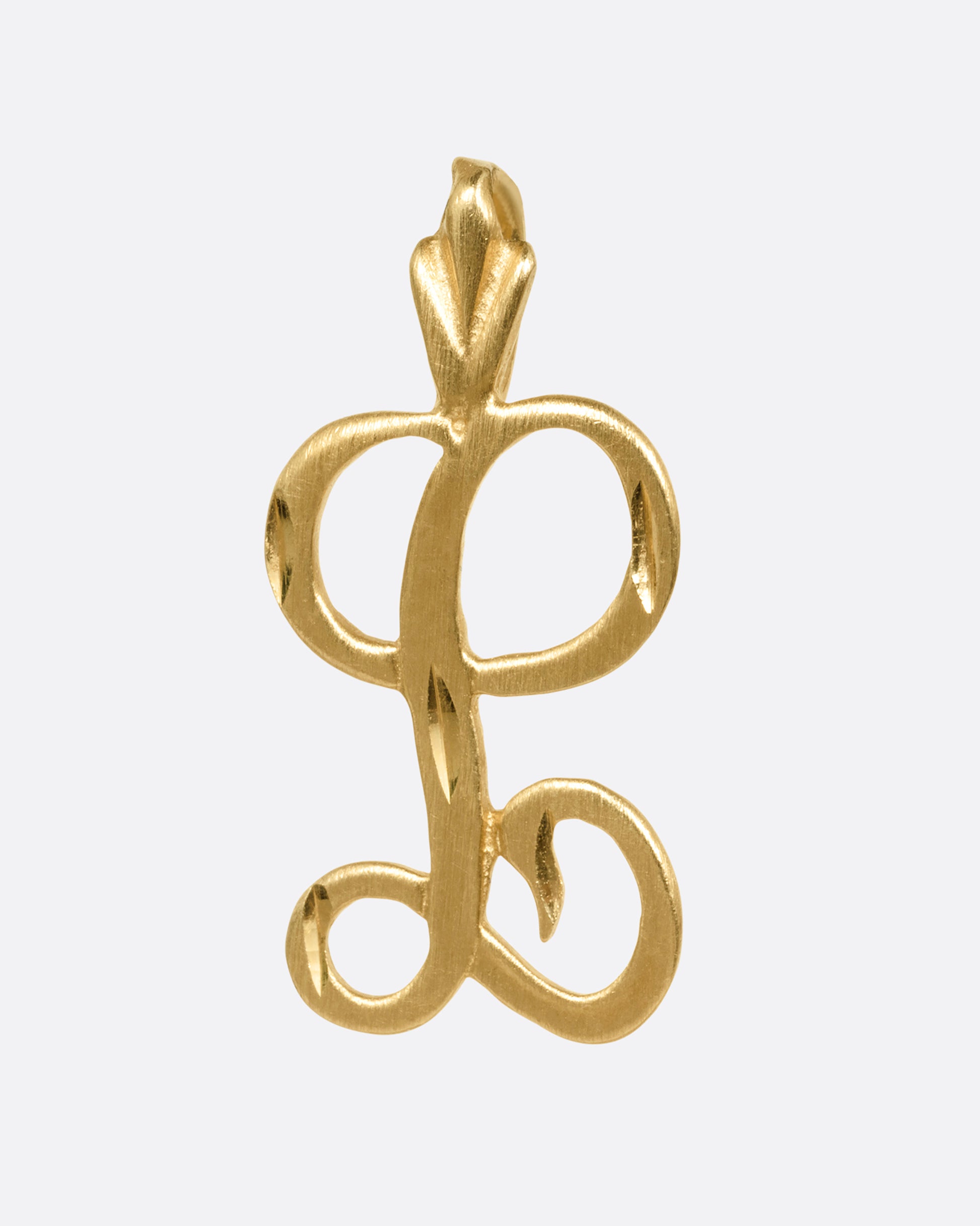 A curling initial 'L' charm, shown from the front.