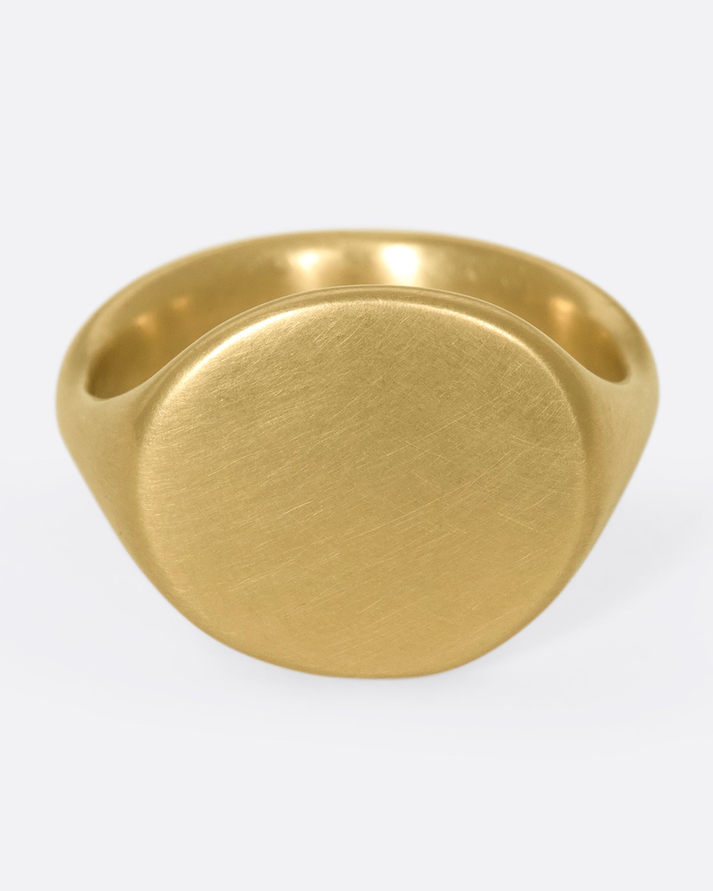 This solid 14k gold oval signet ring is incredibly soft and comfortable. The band is perfectly weighted, so the signet never falls to the side.