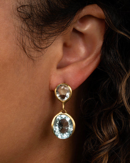 A yellow gold aquamarine stud double drop earring. Shown from the front on an ear.