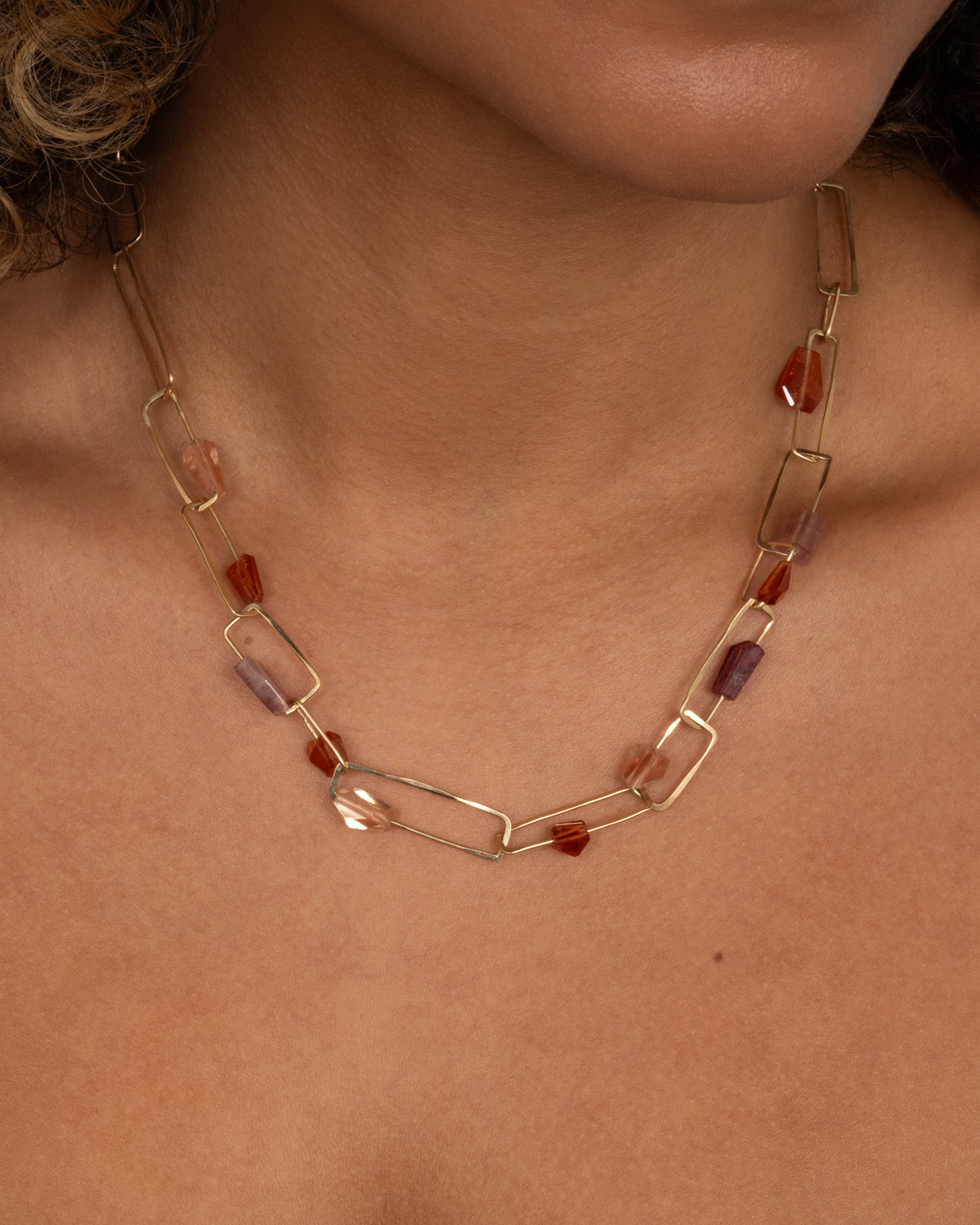 Tourmaline, Garnet, and Sunstone Paperclip Chain Necklace
