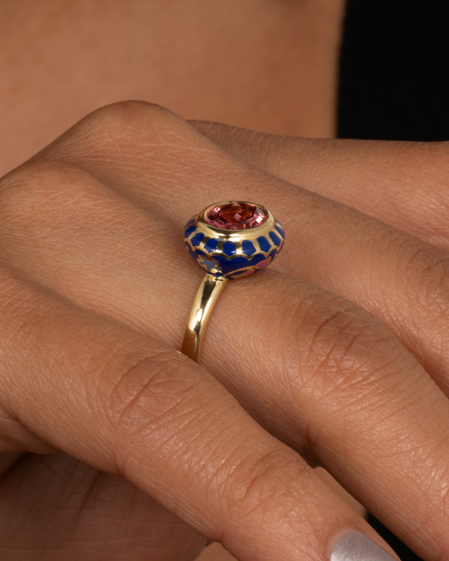 Tourmaline and Enamel Floral Ring