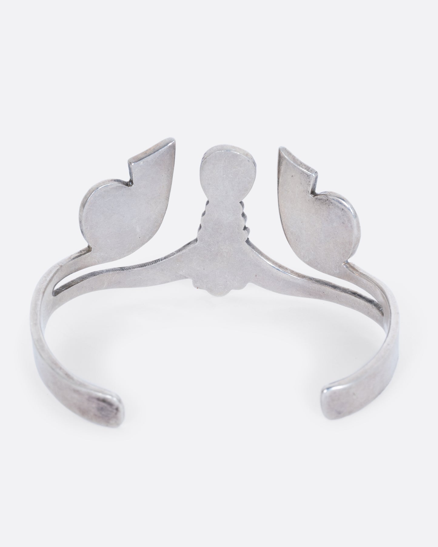 A sterling silver cuff with Egyptian motif. View from the back.