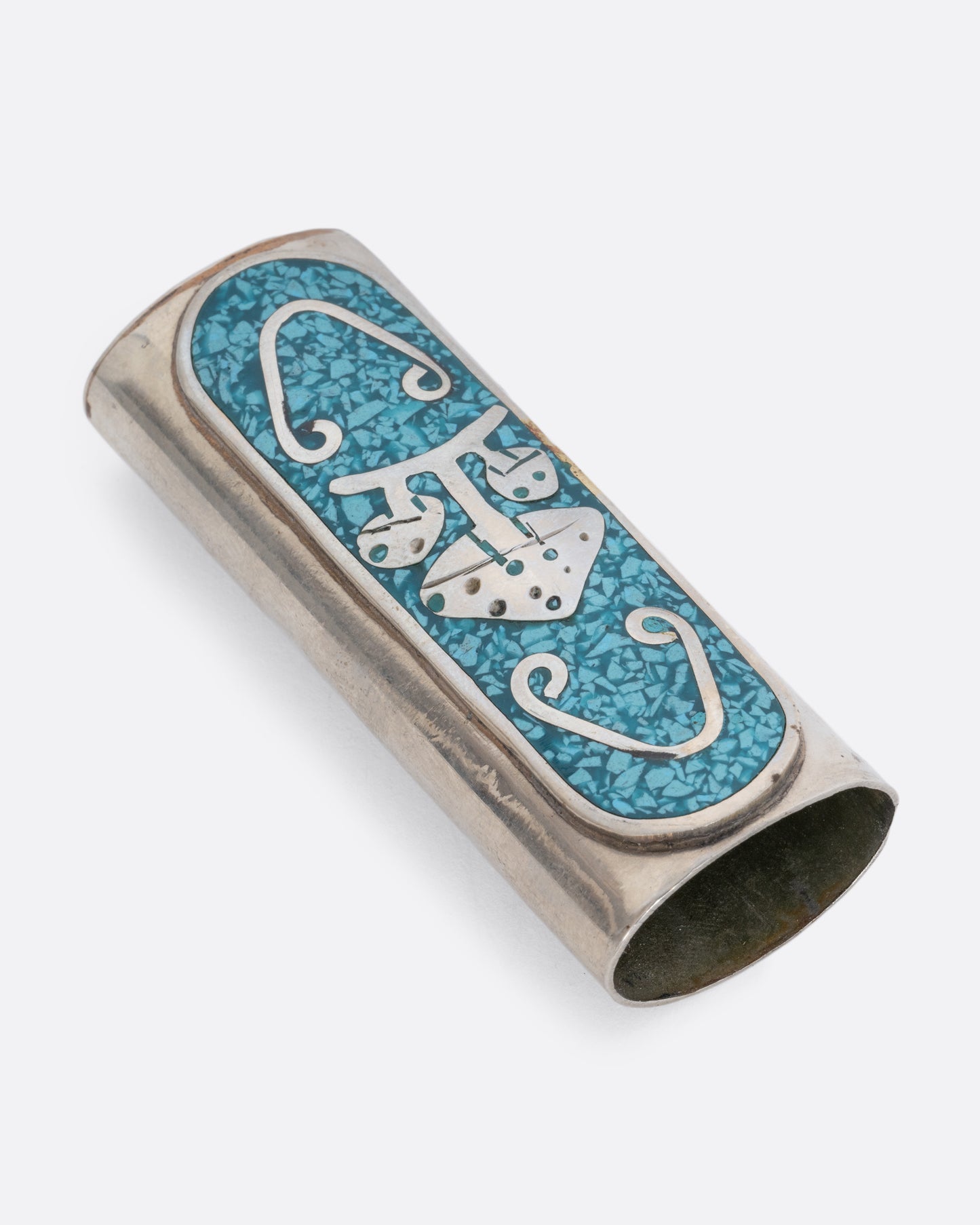 Alpaca silver lighter cover with turquoise chips and magic mushrooms. View laying flat.