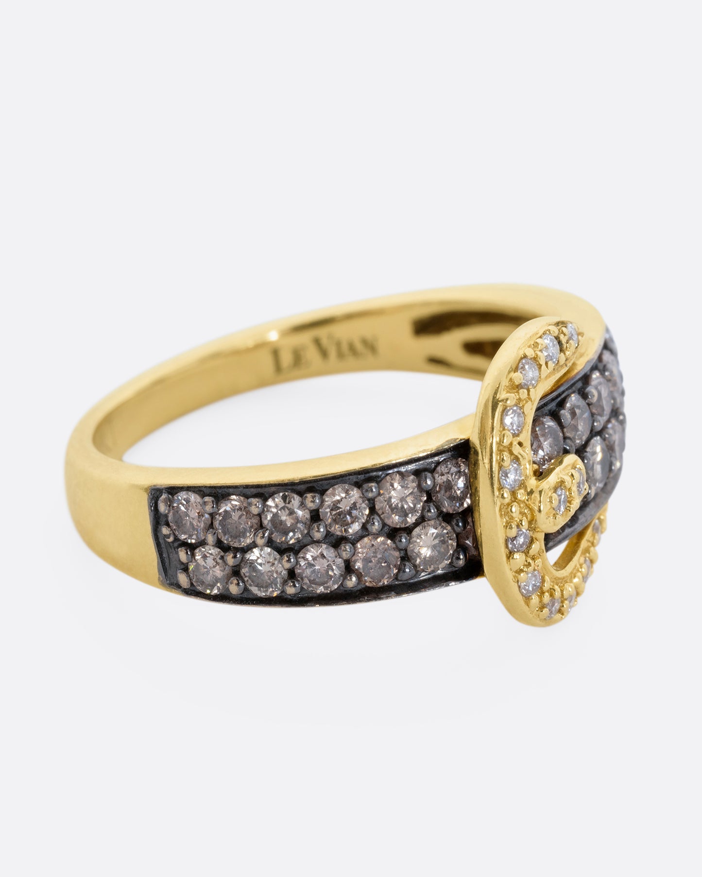 A diamond encrusted black and yellow gold belt buckle ring. View from the alternate side.