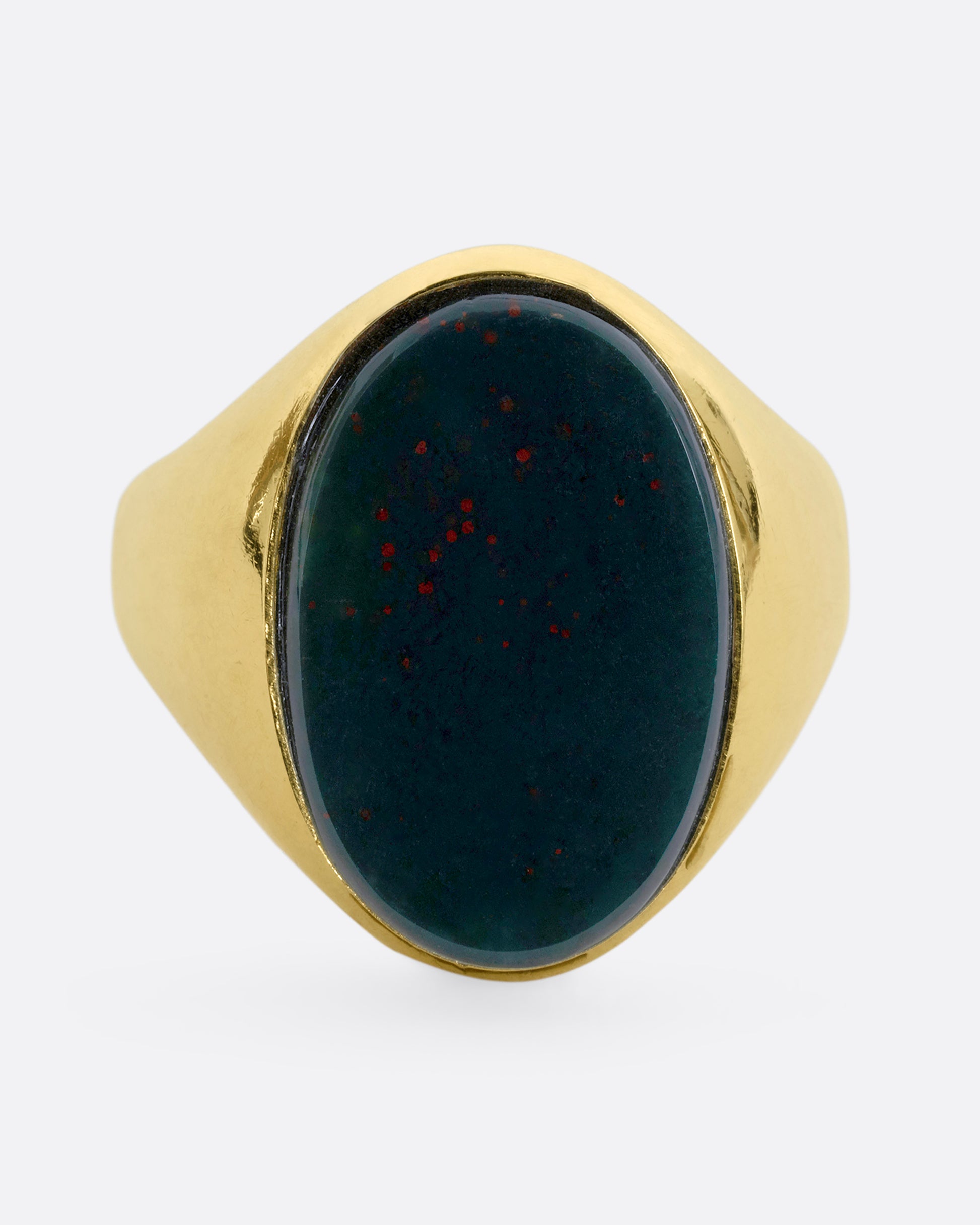 A yellow gold bloodstone signet ring. View from the front. 