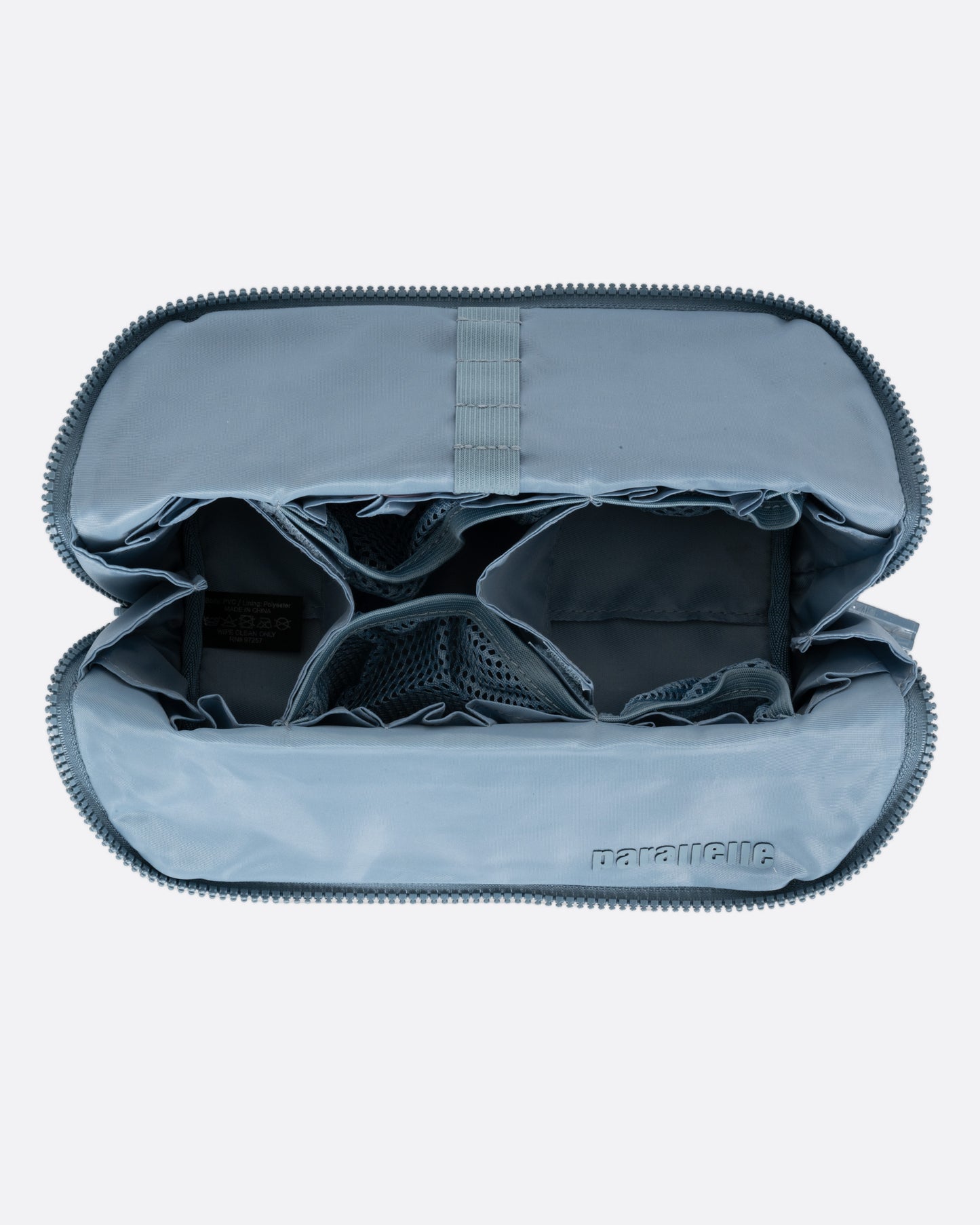 A blue textured rectangular pouch, shown open from the top. 