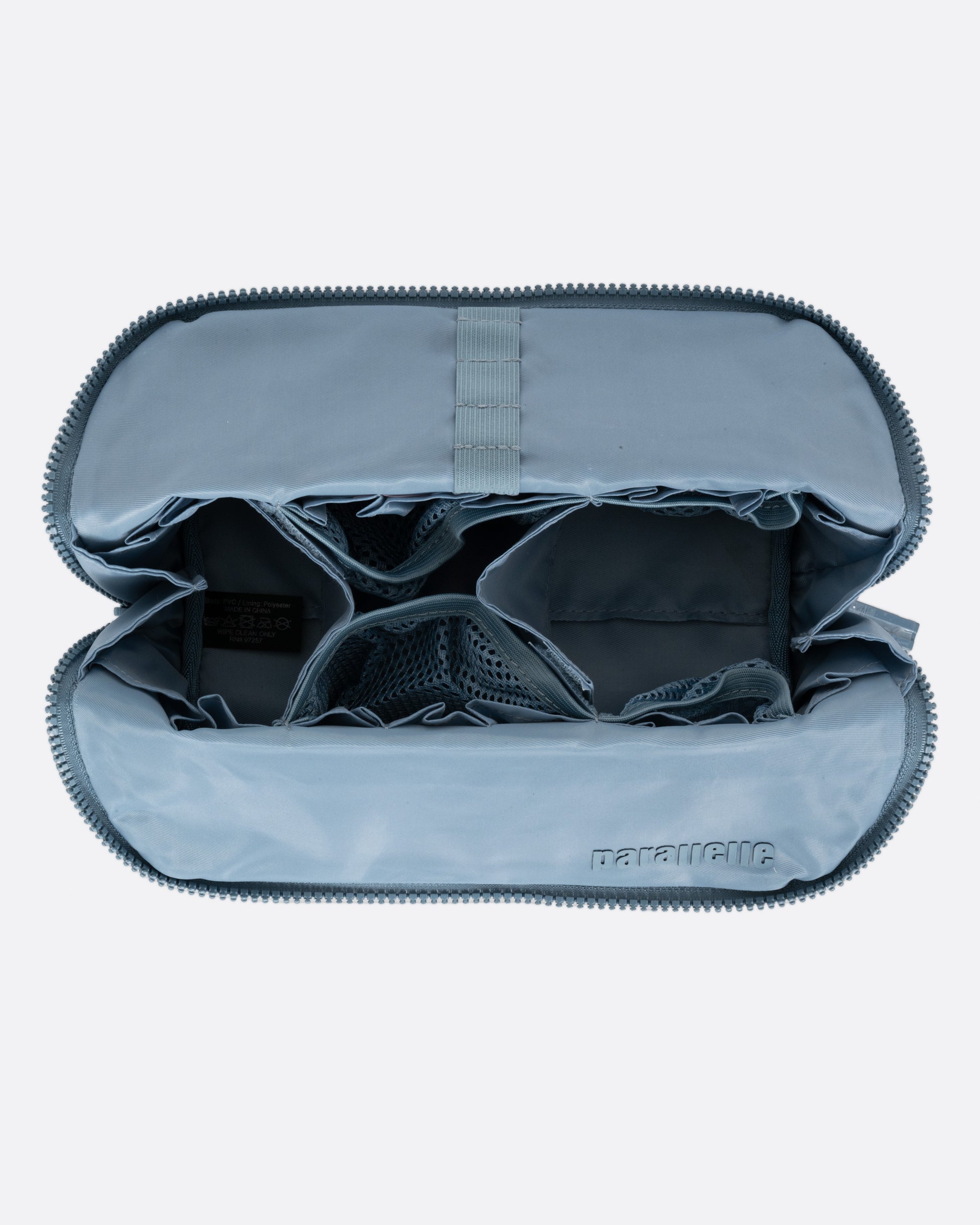 A blue textured rectangular pouch, shown open from the top. 
