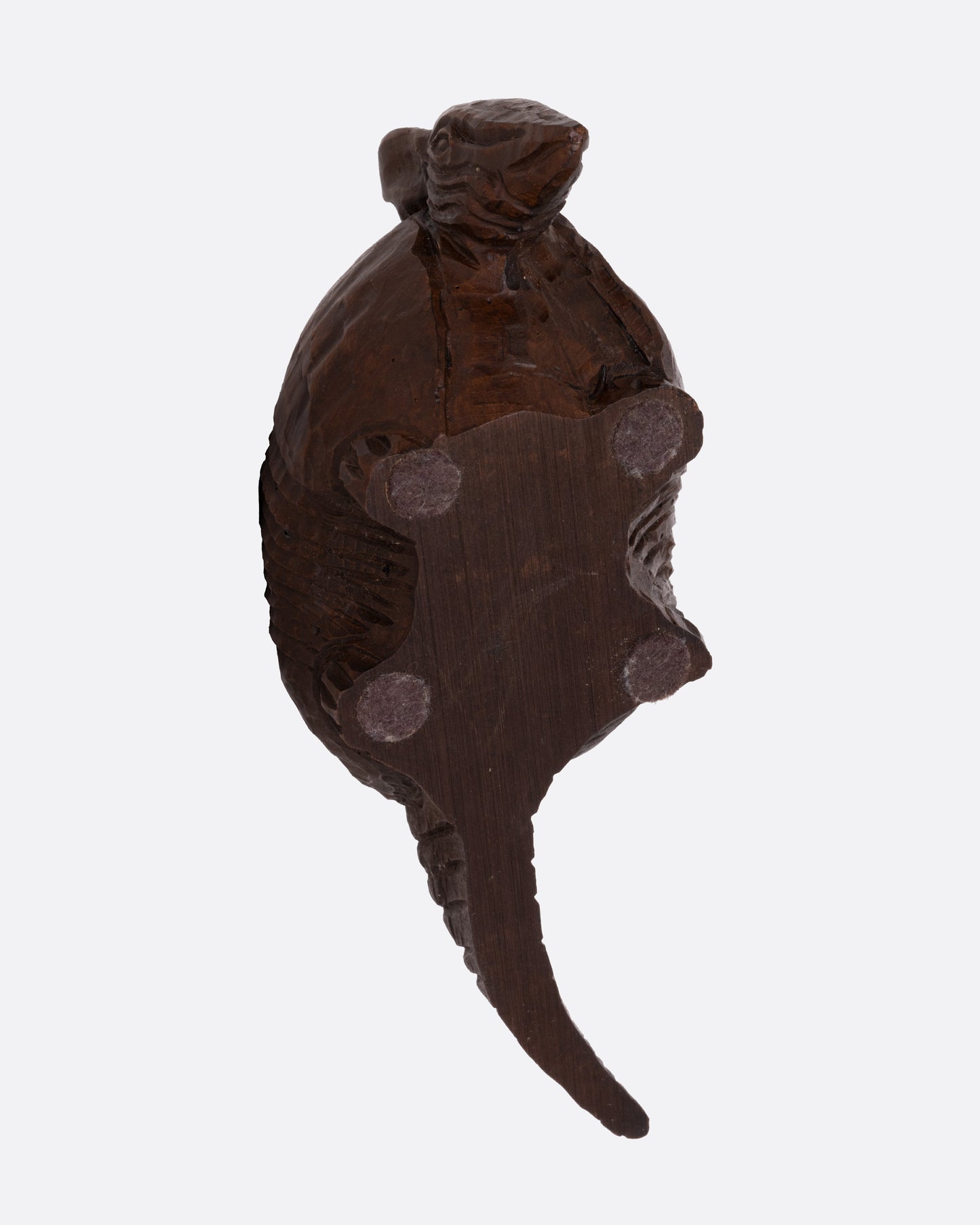 A wooden armadillo sculpture shown from the bottom.