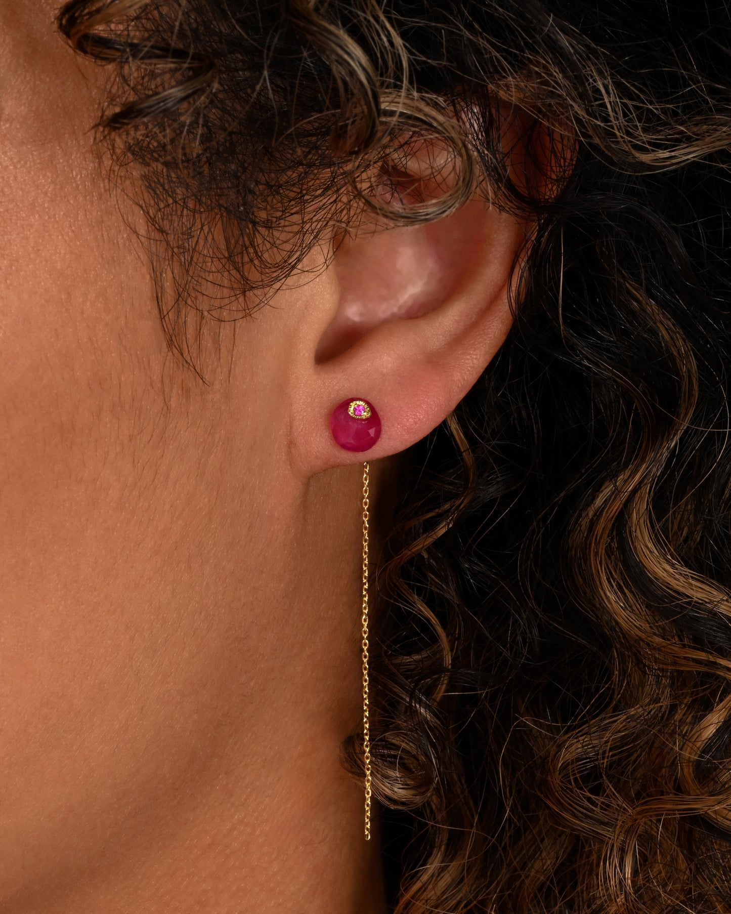 Pin and Chain Ruby Stud Earring