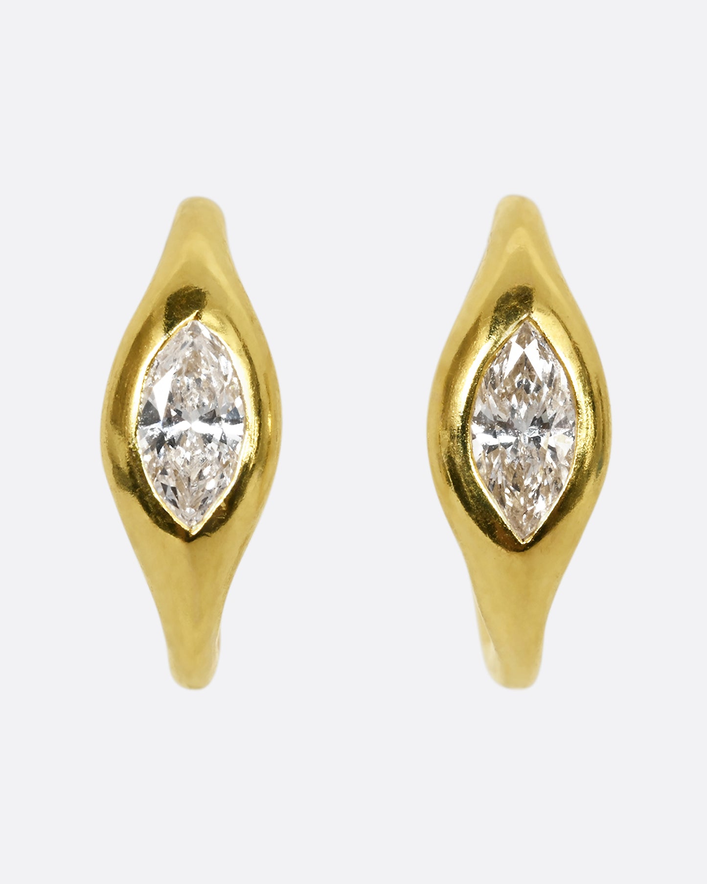 A yellow gold hoop earring with a marquis diamond, shown from the front as a pair.