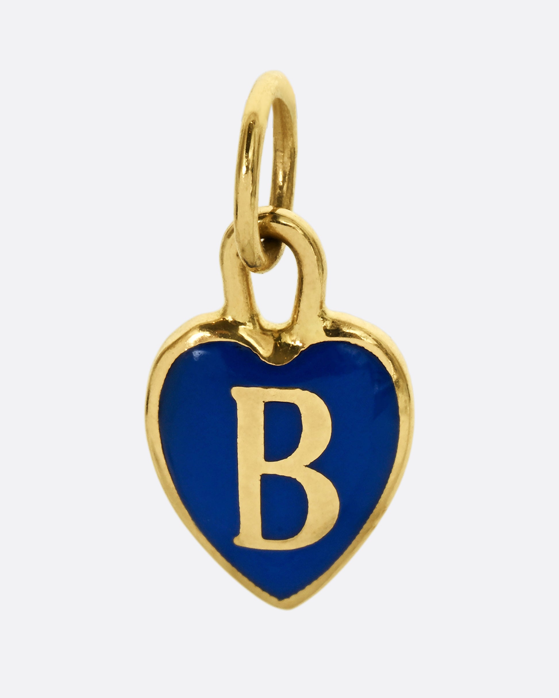 A yellow gold letter "B" heart shaped charm with blue enamel. Shown from the front.