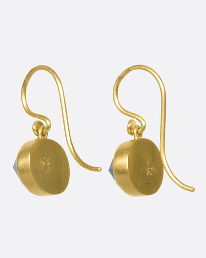 Yellow gold London blue topaz drop earrings, back view of both earrings showing the maker's stamps