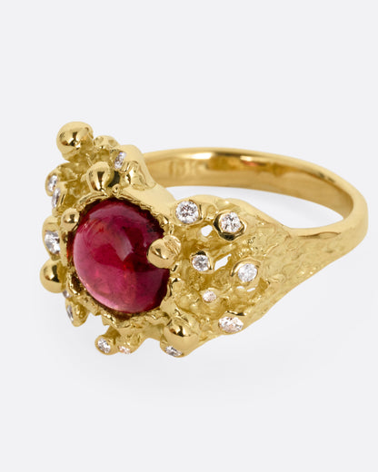 A yellow gold ring with a bed of diamond tipped anemones, and a red rubellite, shown from the side.
