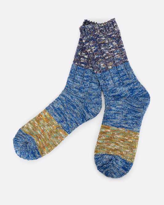 A pair of blue melange ribbed socks.