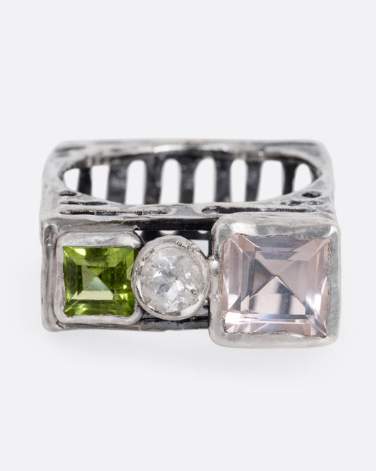 Peridot and Pink and White Quartz Linear Ring