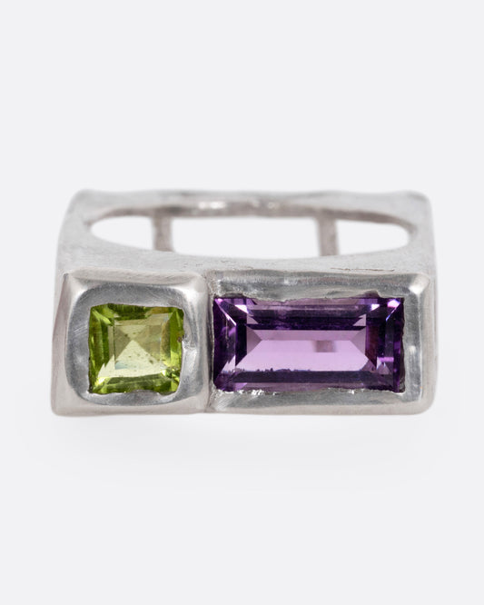Amethyst and Peridot Square Ring
