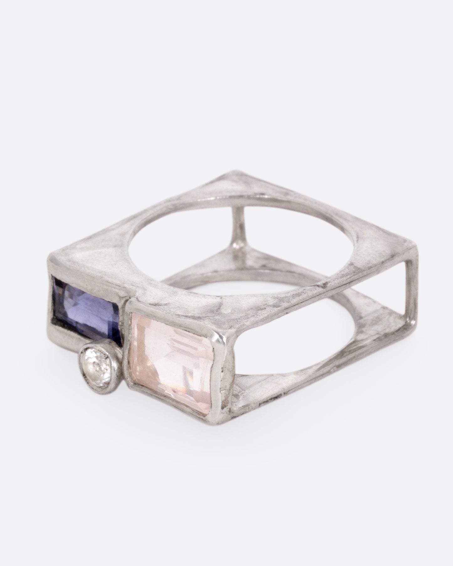 Quartz, Iolite and Topaz Square Cage Ring