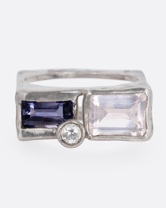 Quartz, Iolite and Topaz Square Cage Ring