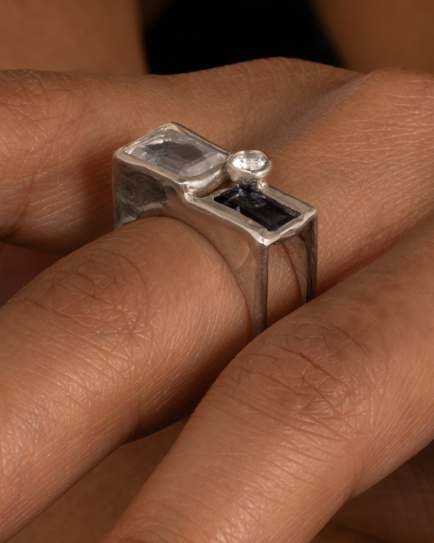 Quartz, Iolite and Topaz Square Cage Ring