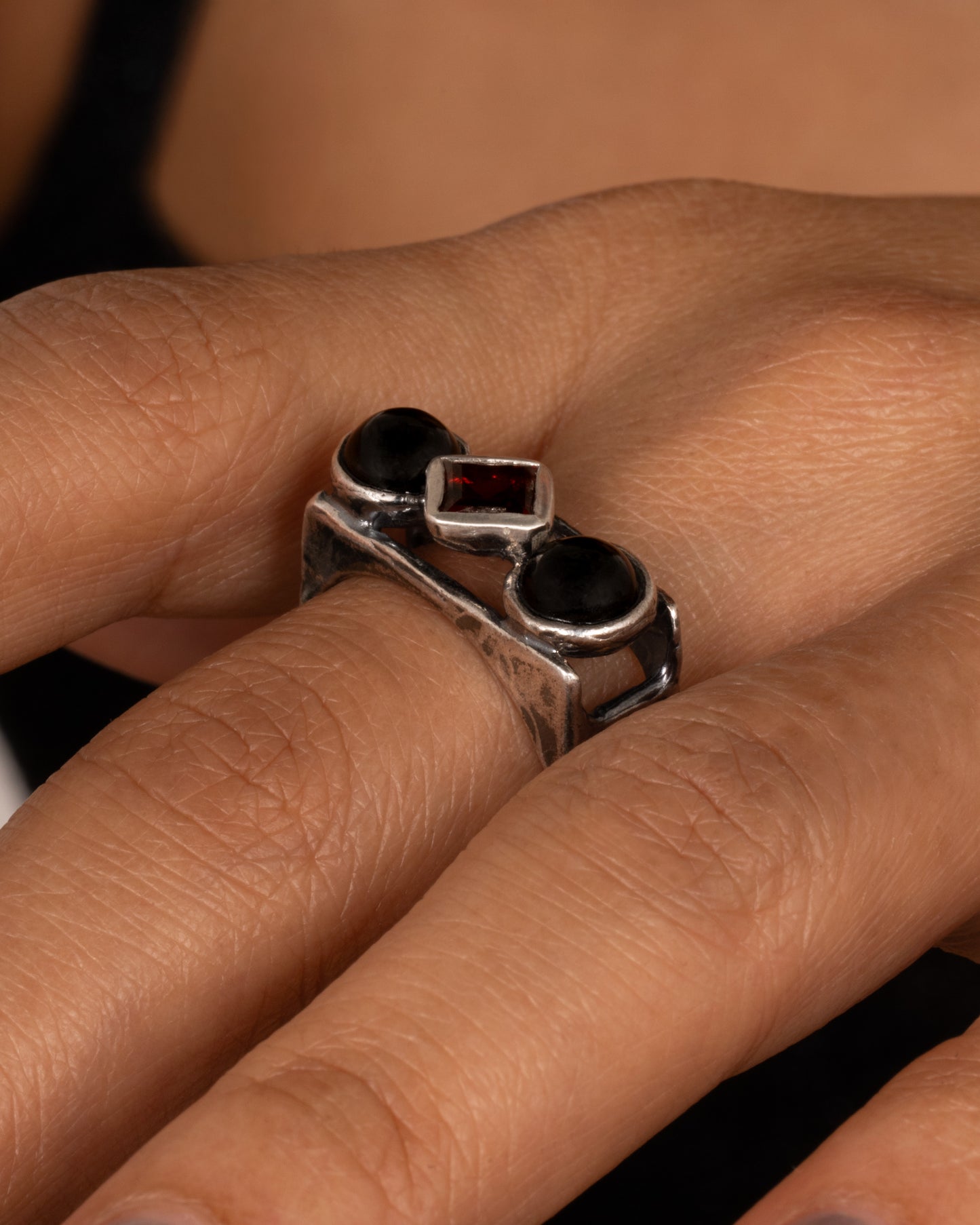 Garnet and Onyx Square Cage Ring
