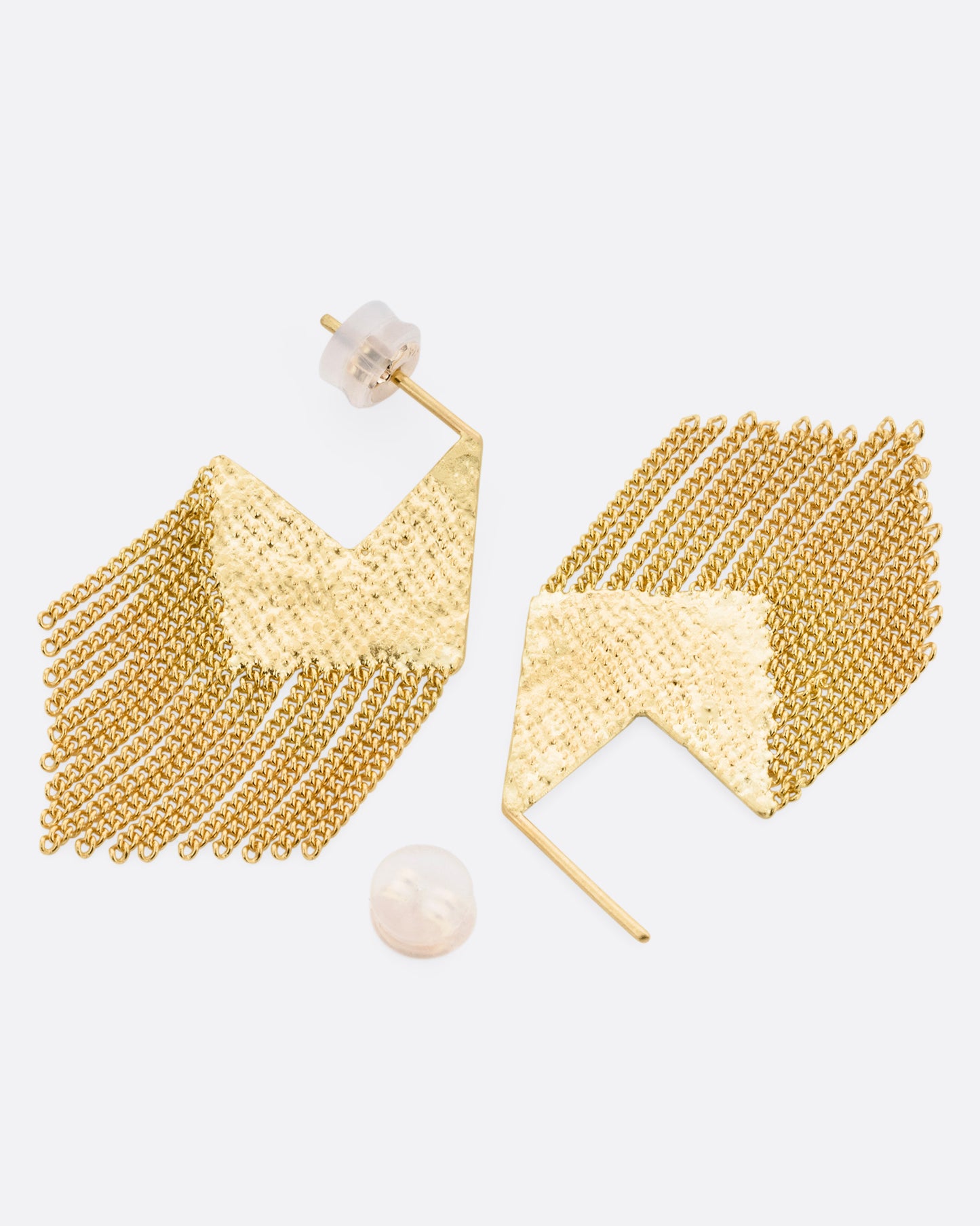 A pair of yellow gold stud back angular earrings with fine cable chain fringe, shown from the side with one earring open.
