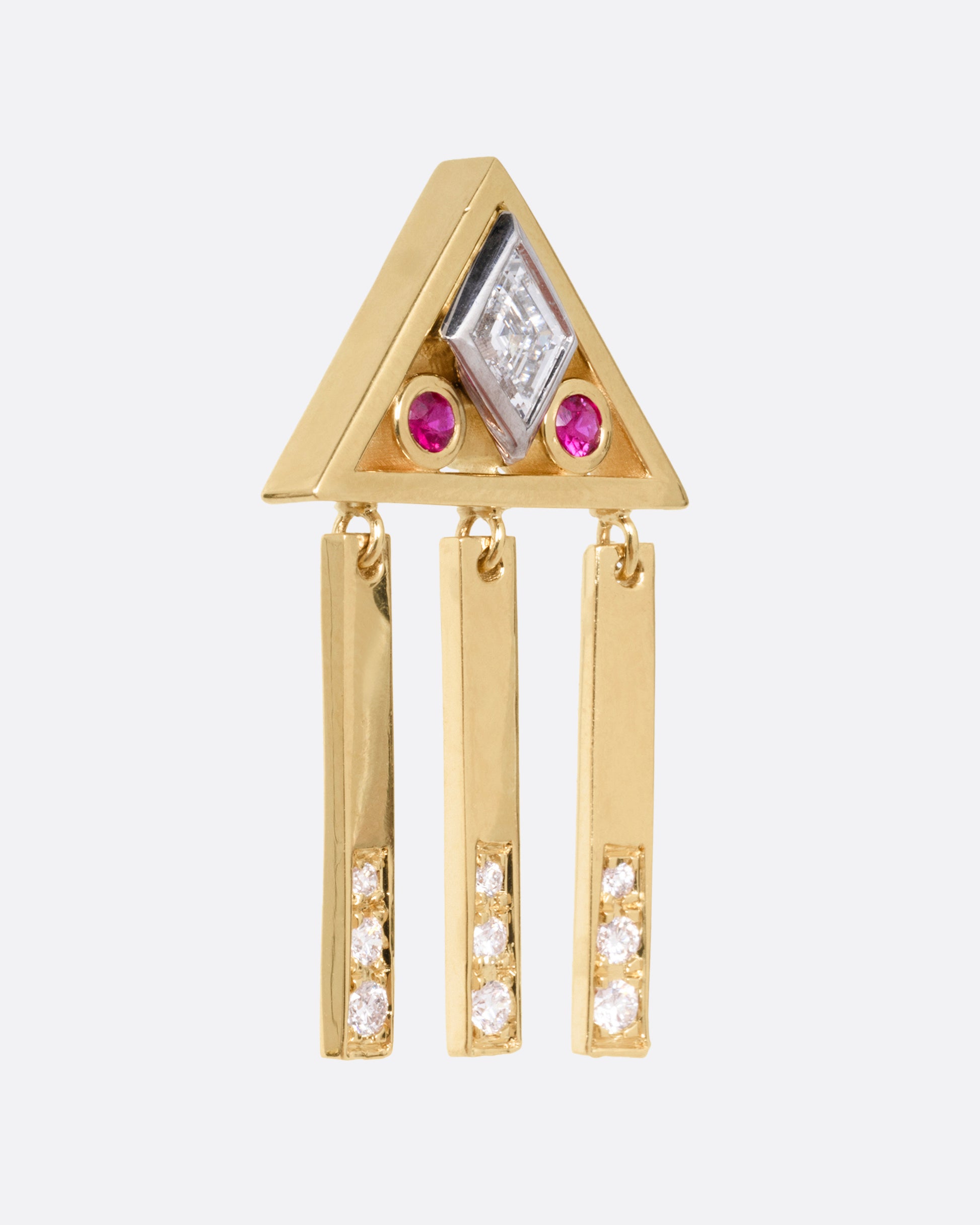 A yellow gold stud back earring with a triangular top set with a lozenge cut diamond flanked by rubies, and three free moving diamond studded bars on the base. Shown from the side.