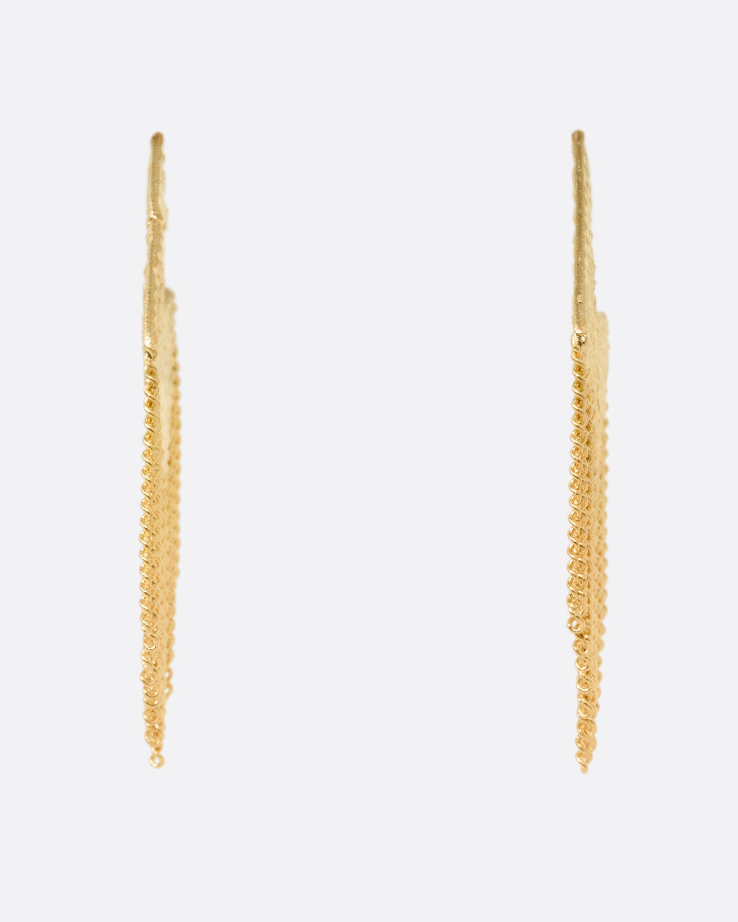 A pair of yellow gold stud back angular earrings with fine cable chain fringe, shown from the front.