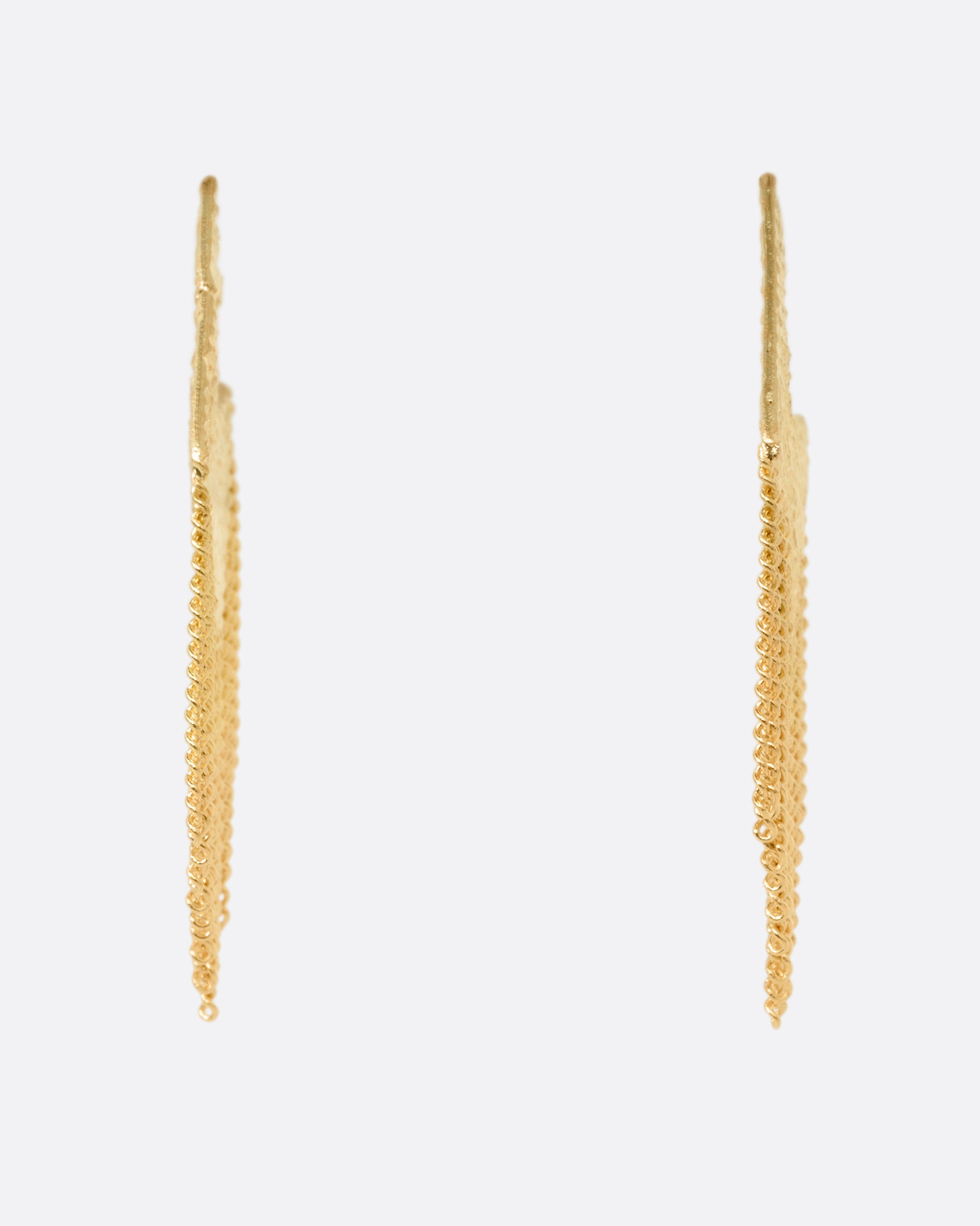 A pair of yellow gold stud back angular earrings with fine cable chain fringe, shown from the front.