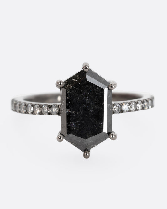 A rhodium finished white gold ring with a single black diamond and a pave diamond band. Shown from the front.