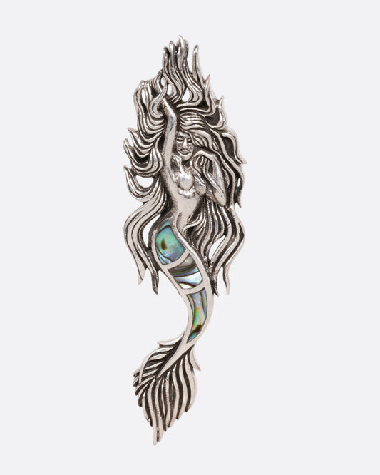 A silver mermaid pendant with abalone inlay on her tail, shown from the front.